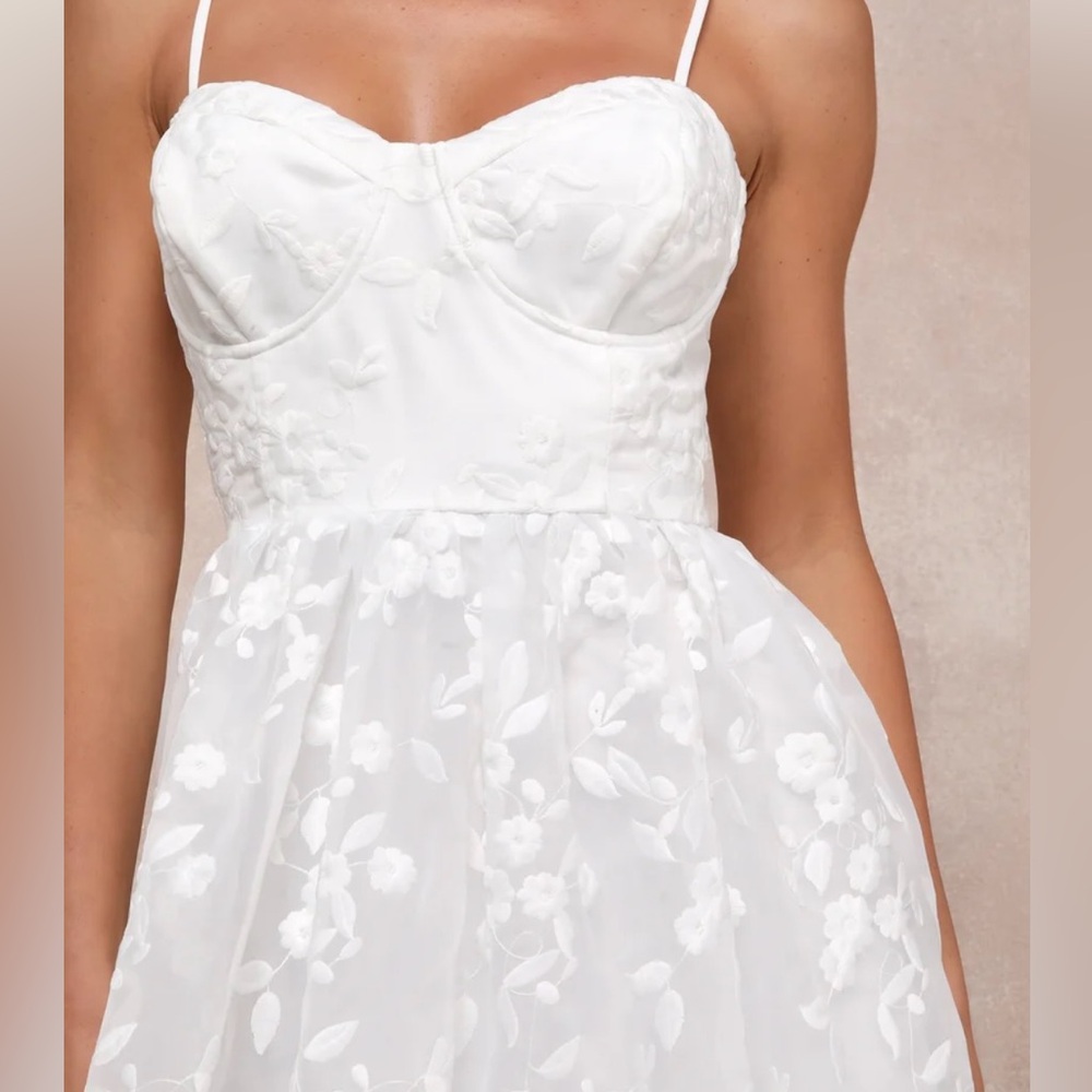 LuLu’s Ethereal Perfection White Organza Embroidered Bustier Maxi Dress